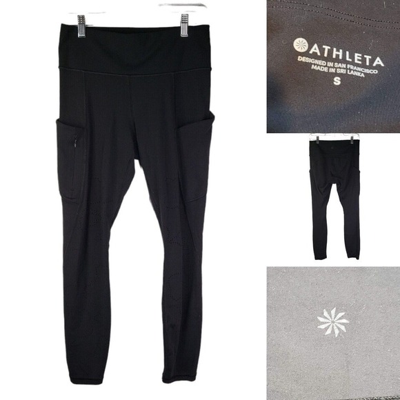 Athleta Pants Womens Legging Solid Black Stretch Pull On Small S Pockets Logo - Picture 1 of 12
